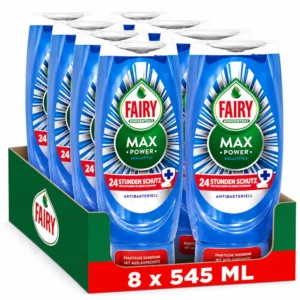 Fairy Max Power Antibacterial – detergent za ročno pomivanje posode, 8 × 545 ml