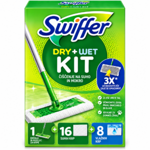 Swiffer Dry & Wet začetni set za čiščenje tal – 1 brisalec + 16 suhih + 8 vlažnih krp