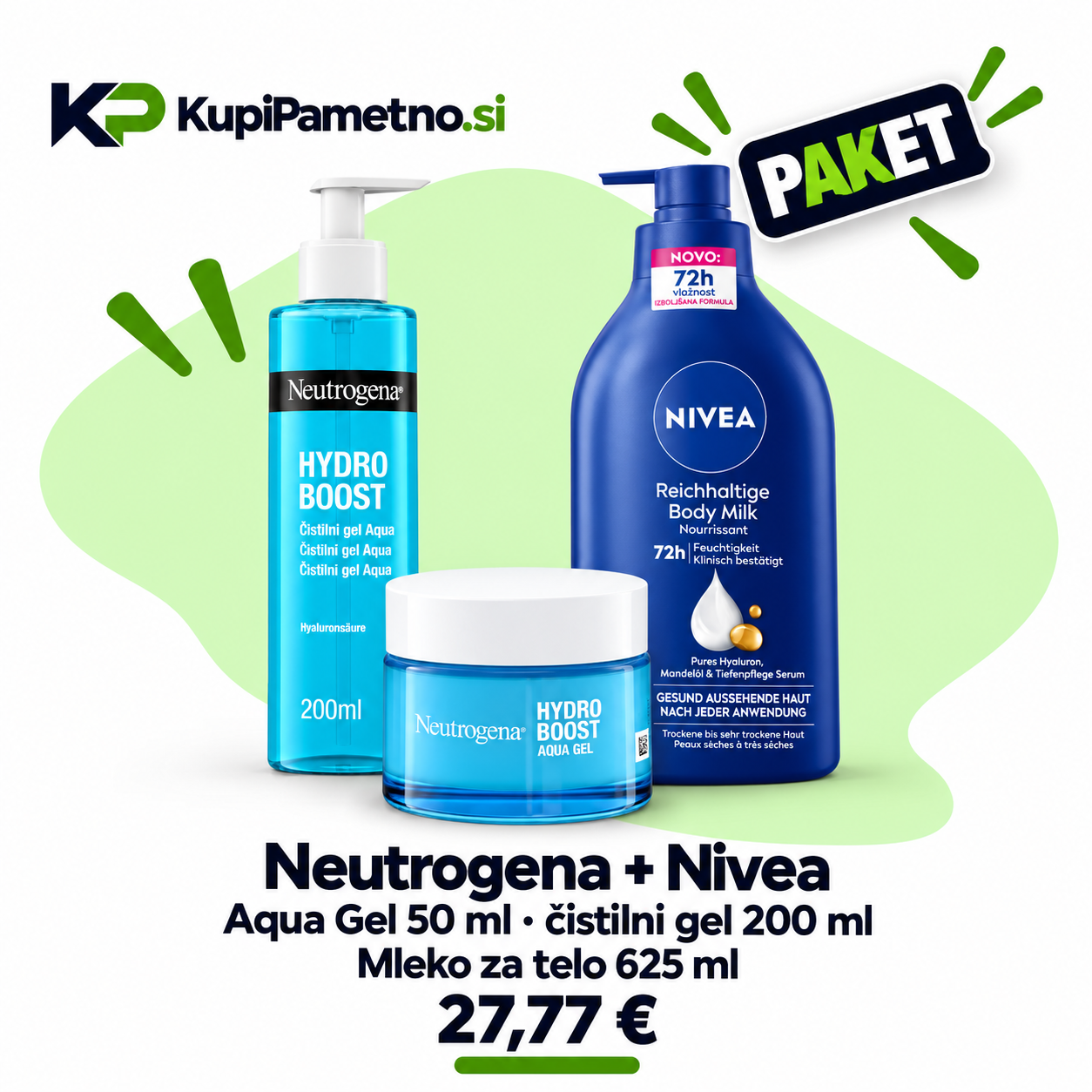 Paket Neutrogena Aqua Gel 50 ml, čistilni gel 200 ml in Nivea Rich Body Milk 625 ml