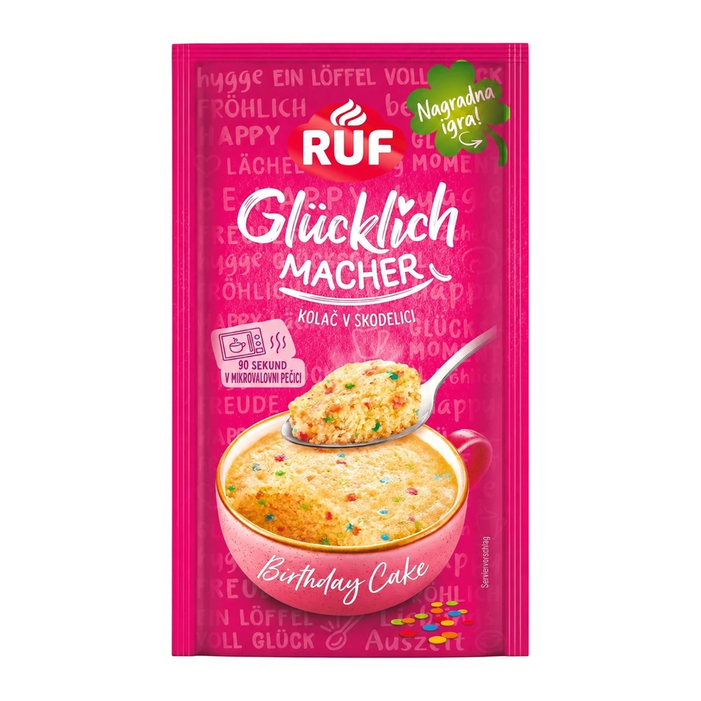 RUF rojstnodnevna tortica v skodelici z barvitimi mrvicami