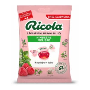 Ricola zeliščni bonboni z malino in meliso brez sladkorja, 75 g