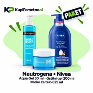 Paket Neutrogena Hydro Boost Aqua Gel, čistilni gel in Nivea Rich Body Milk