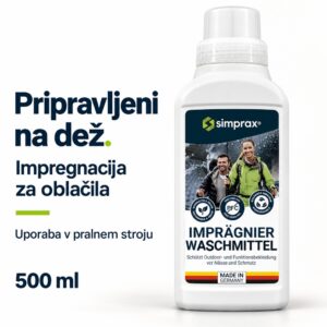 simprax impregnacija za oblačila Wash-In 500 ml s slovenskim promocijskim napisom