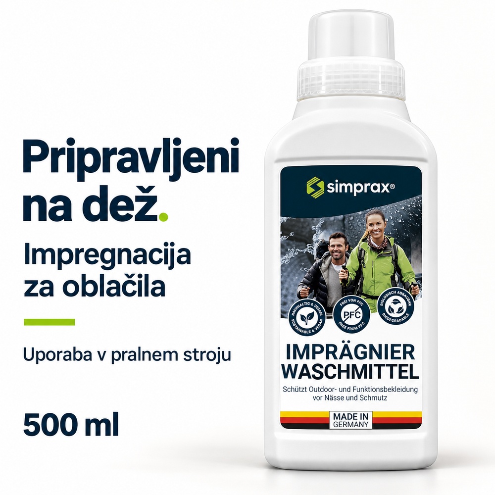 simprax impregnacija za oblačila Wash-In 500 ml s slovenskim promocijskim napisom